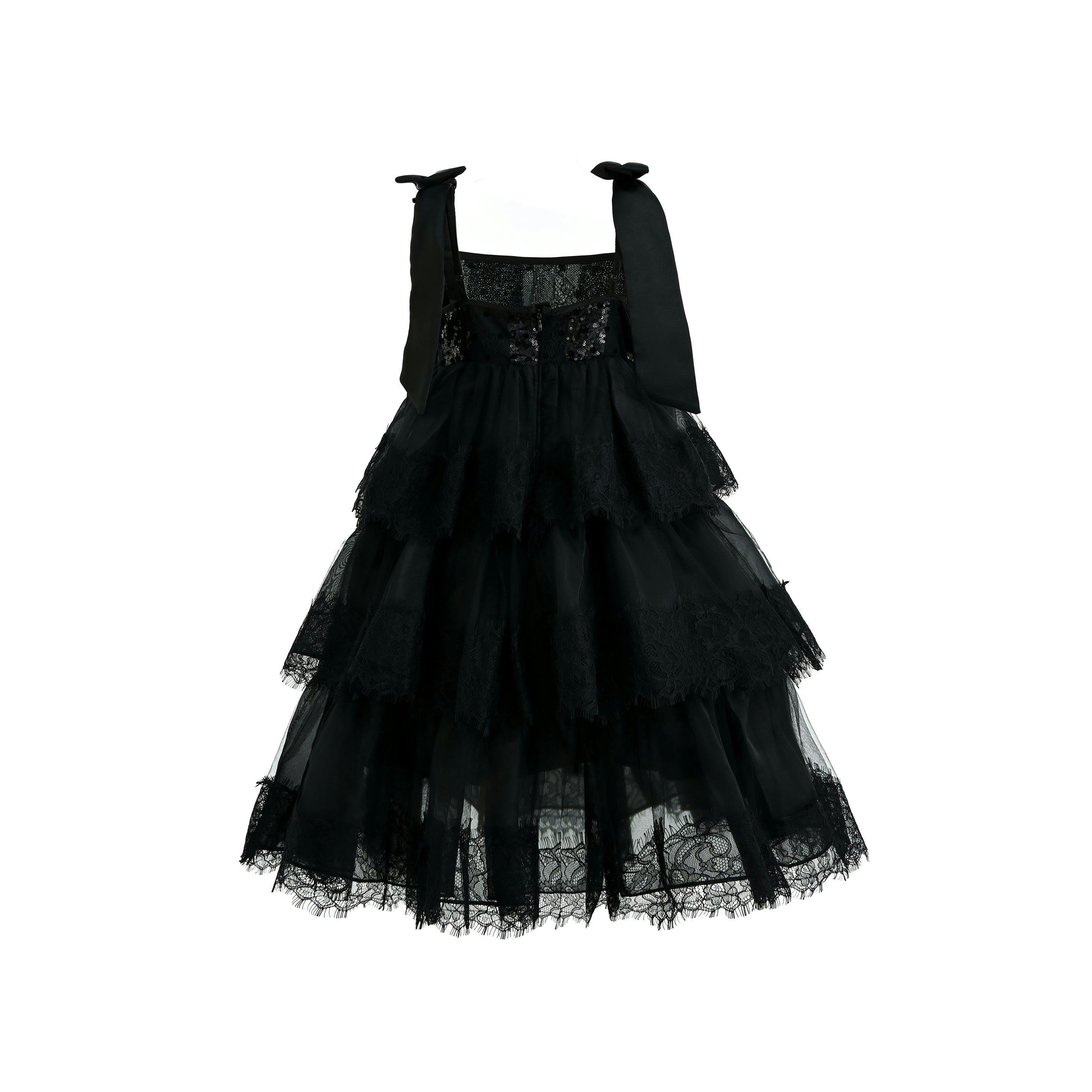 Black Ruffle Sleeveless Bow Dress