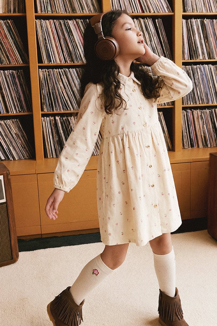 Corduroy Shirt Dress Beige Floral Print