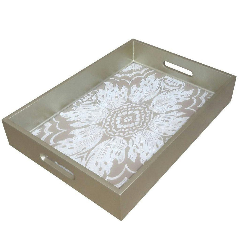 Handmade Reverse Painted Mirror Tray with Handles in Beige and Silver - Medium