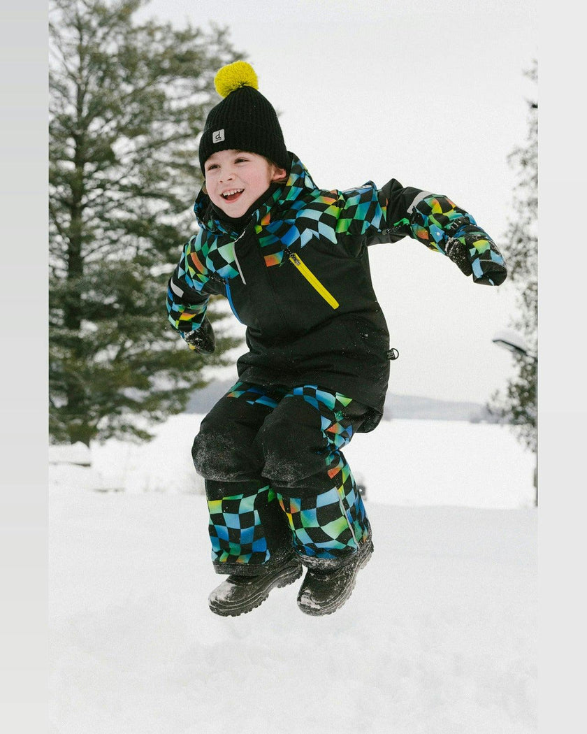 Two Piece Play Snowsuit Black Colorblock With Green Yellow And Blue Checkerboard Pants