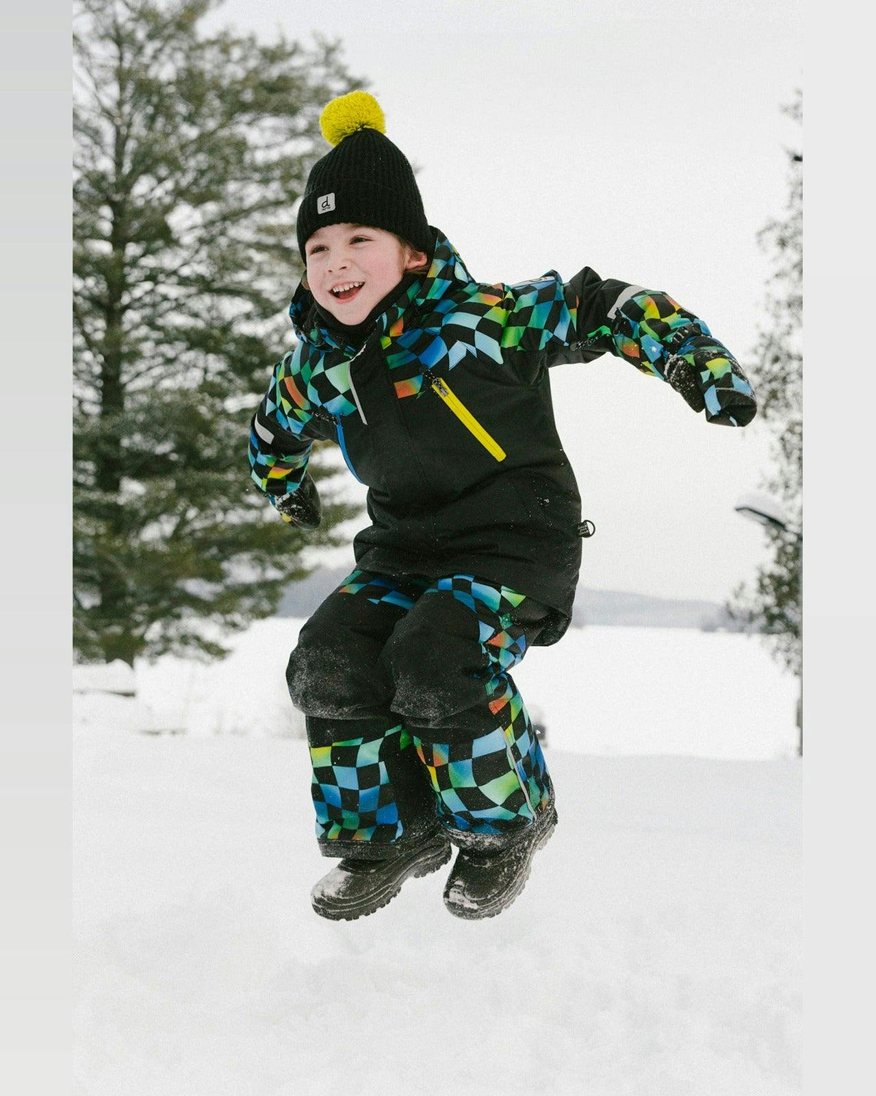 Two Piece Play Snowsuit Black Colorblock With Green Yellow And Blue Checkerboard Pants