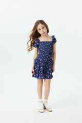 Lexi Rose Bow Navy Satin Smocked Short Sleeve Ruffle Dress