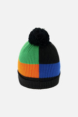 Winter Knit Hat with Pompom Black, Blue, Green and Orange Tiles