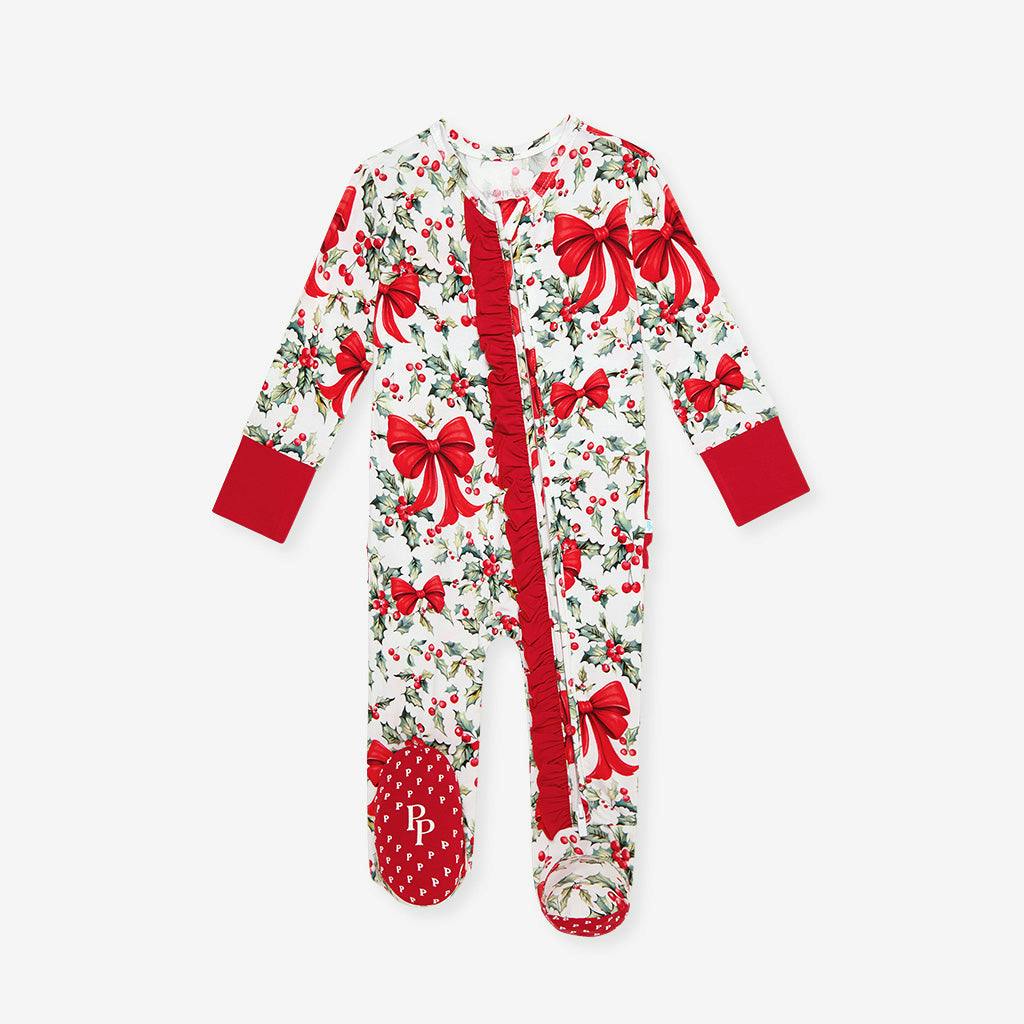Happy Holly-days Footie Ruffled Zippered One Piece
