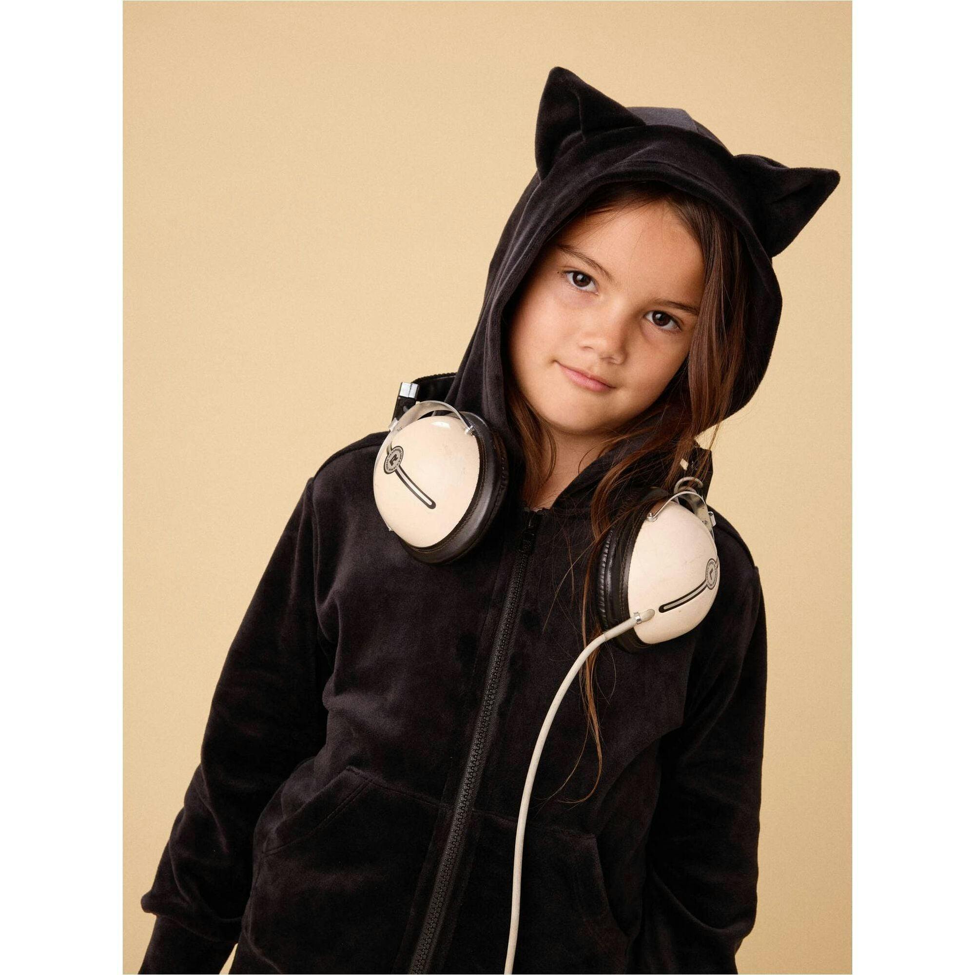 Ears Velour Hoodie, Black