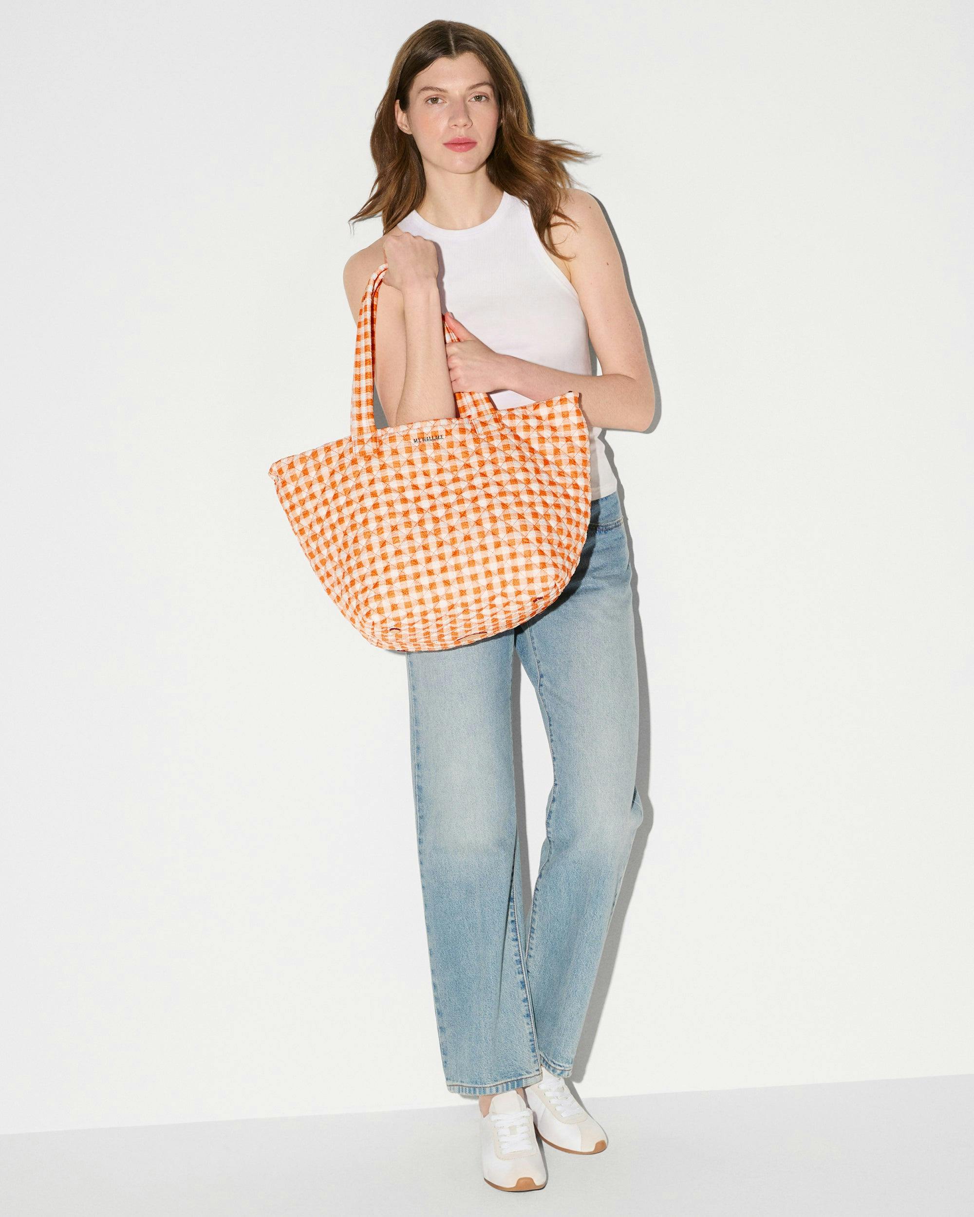 Sunset Orange Gingham Medium Metro Tote Deluxe