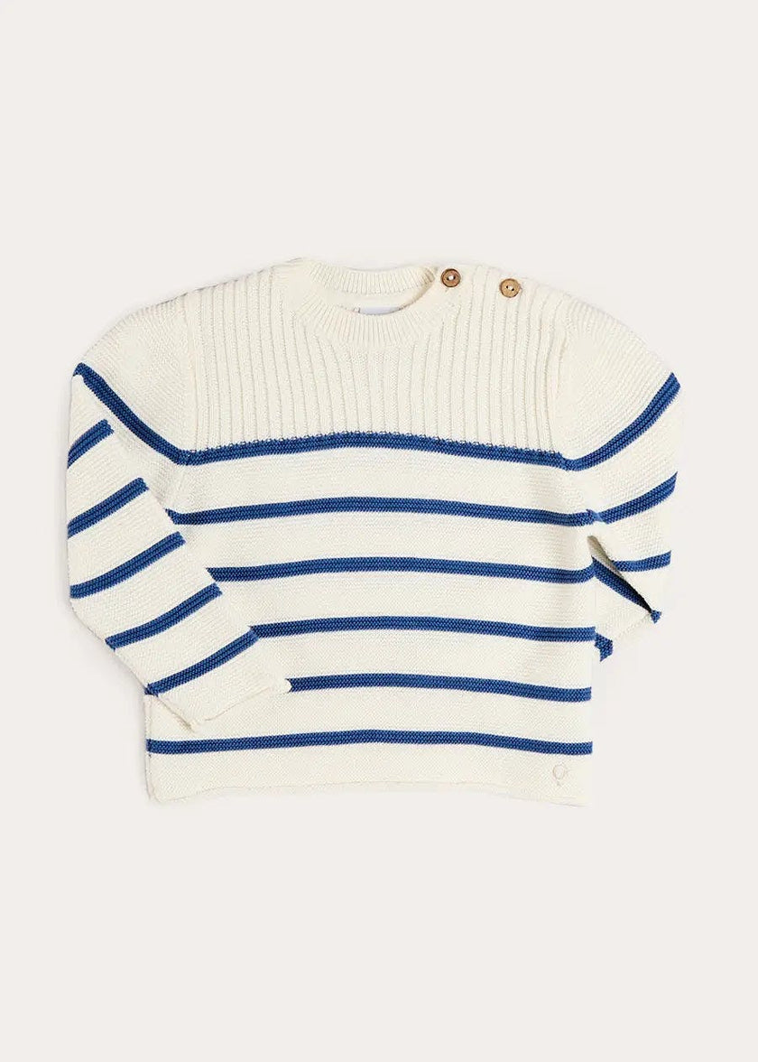 Striped Crewneck Ribbed Detail Blue & White Striped Jumper in Navy (12mths- 10yrs)