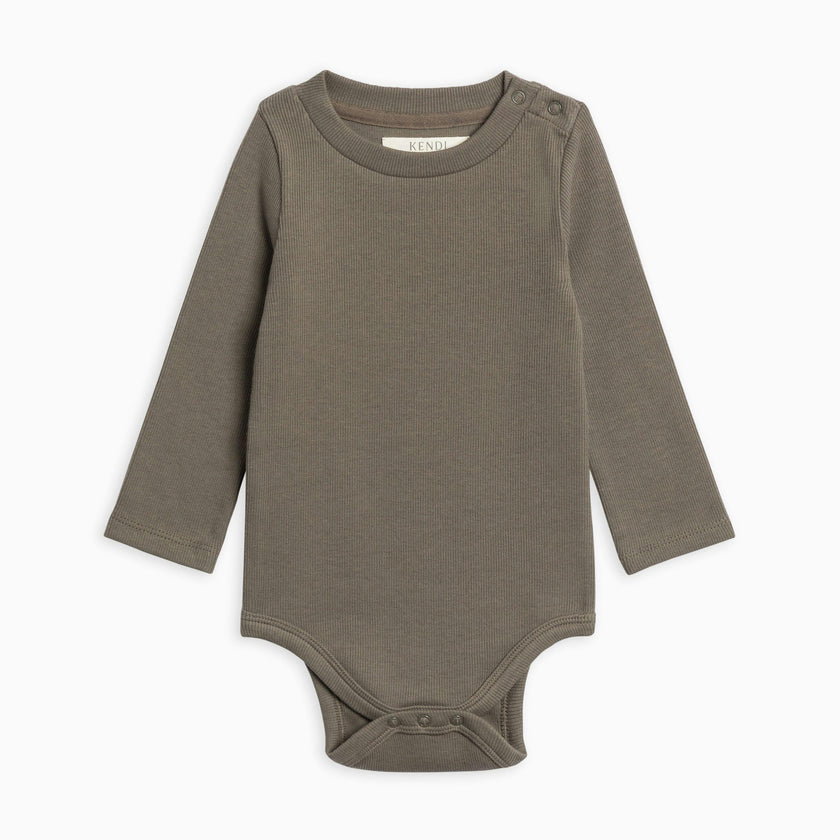 KENDI Sammy Ribbed Snap Shoulder Long Sleeve Bodysuit Olive Stripe