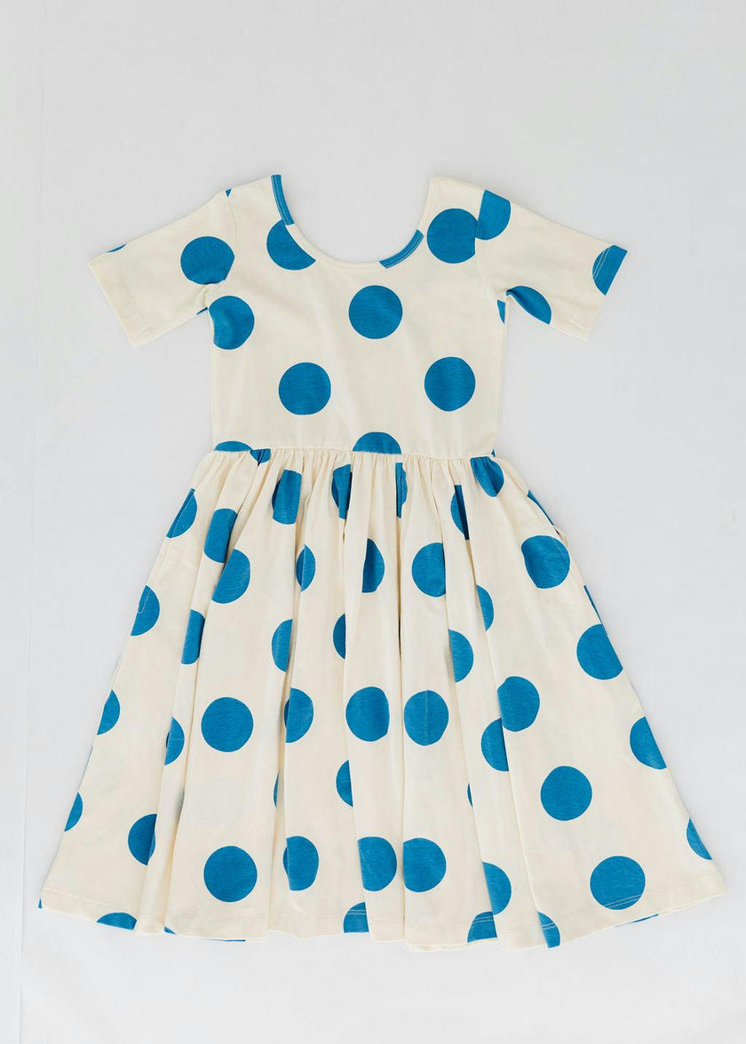 Short Sleeve Twirl Dress in Blue Dots