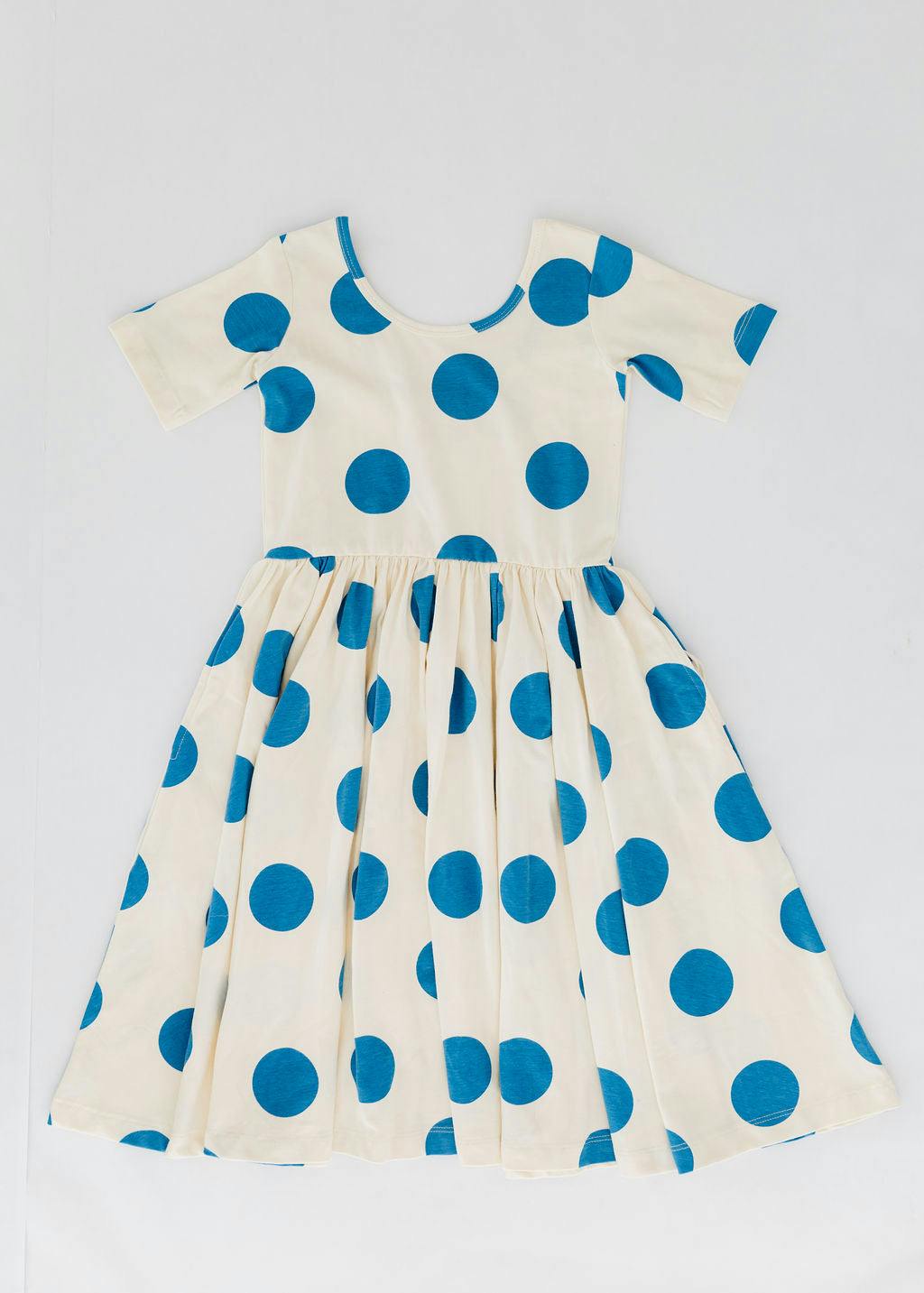 Short Sleeve Twirl Dress in Blue Dots