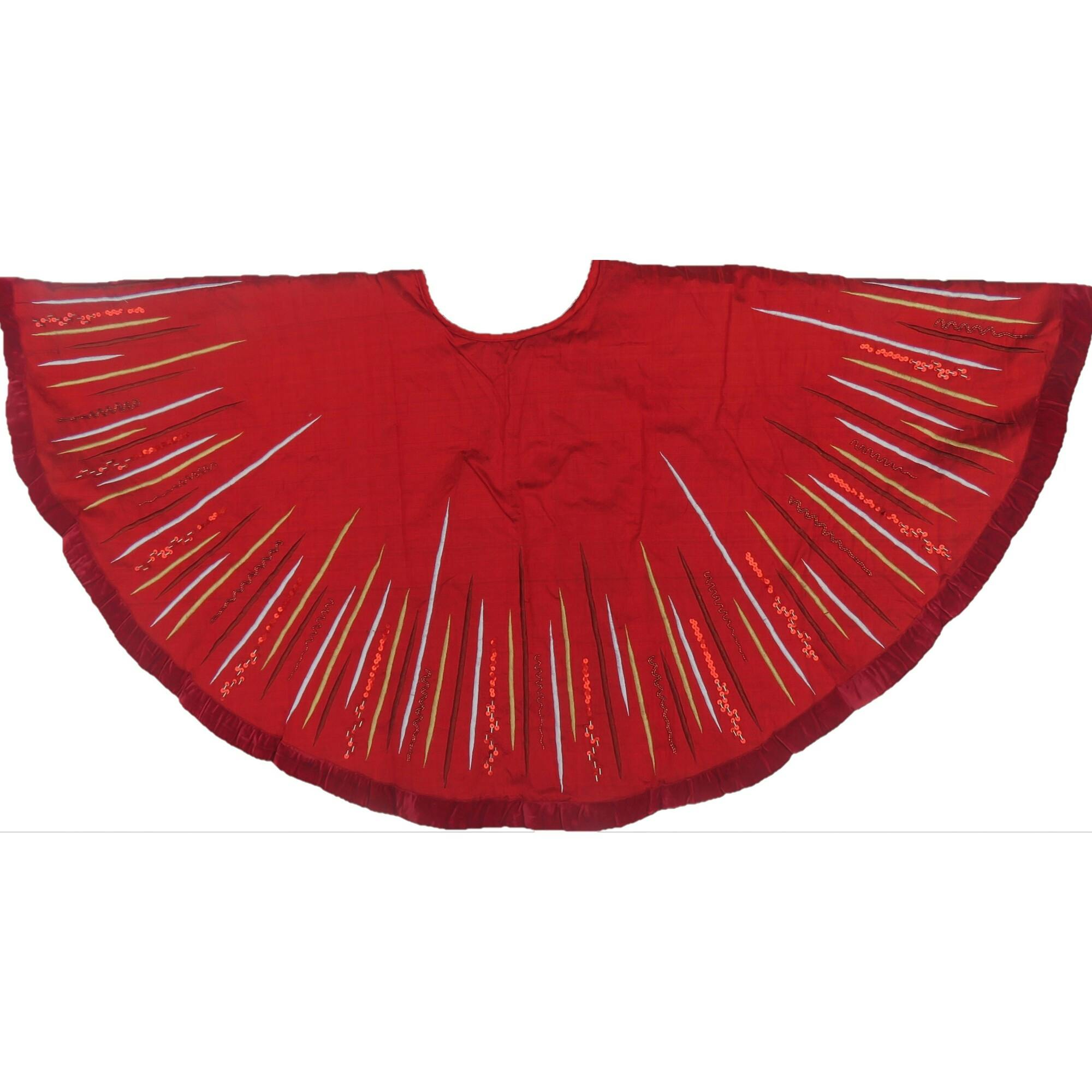 Hand Beaded Starburst Christmas Tree Skirt Red Silk - 60