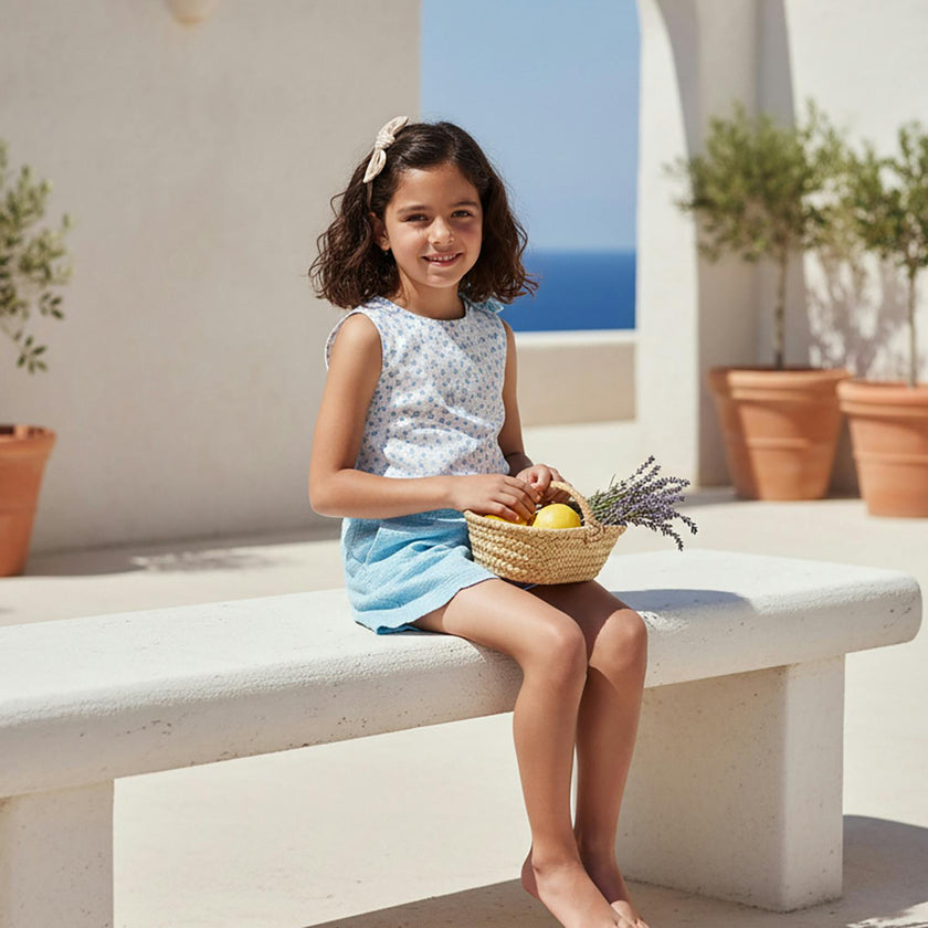 Fleur Girl Blouse Sleeveless, Flowery Aqua Blue