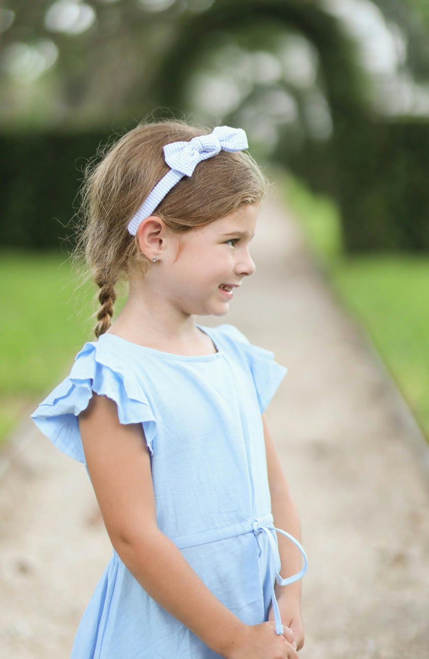 Seersucker Bow Headband in Blue/White