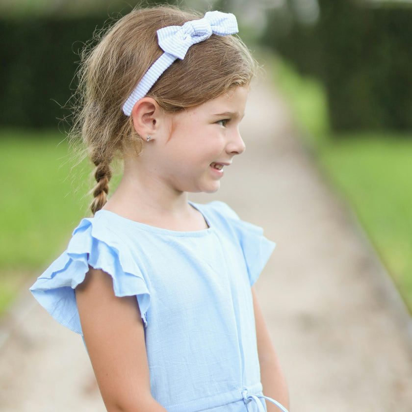Seersucker Bow Headband in Blue/White
