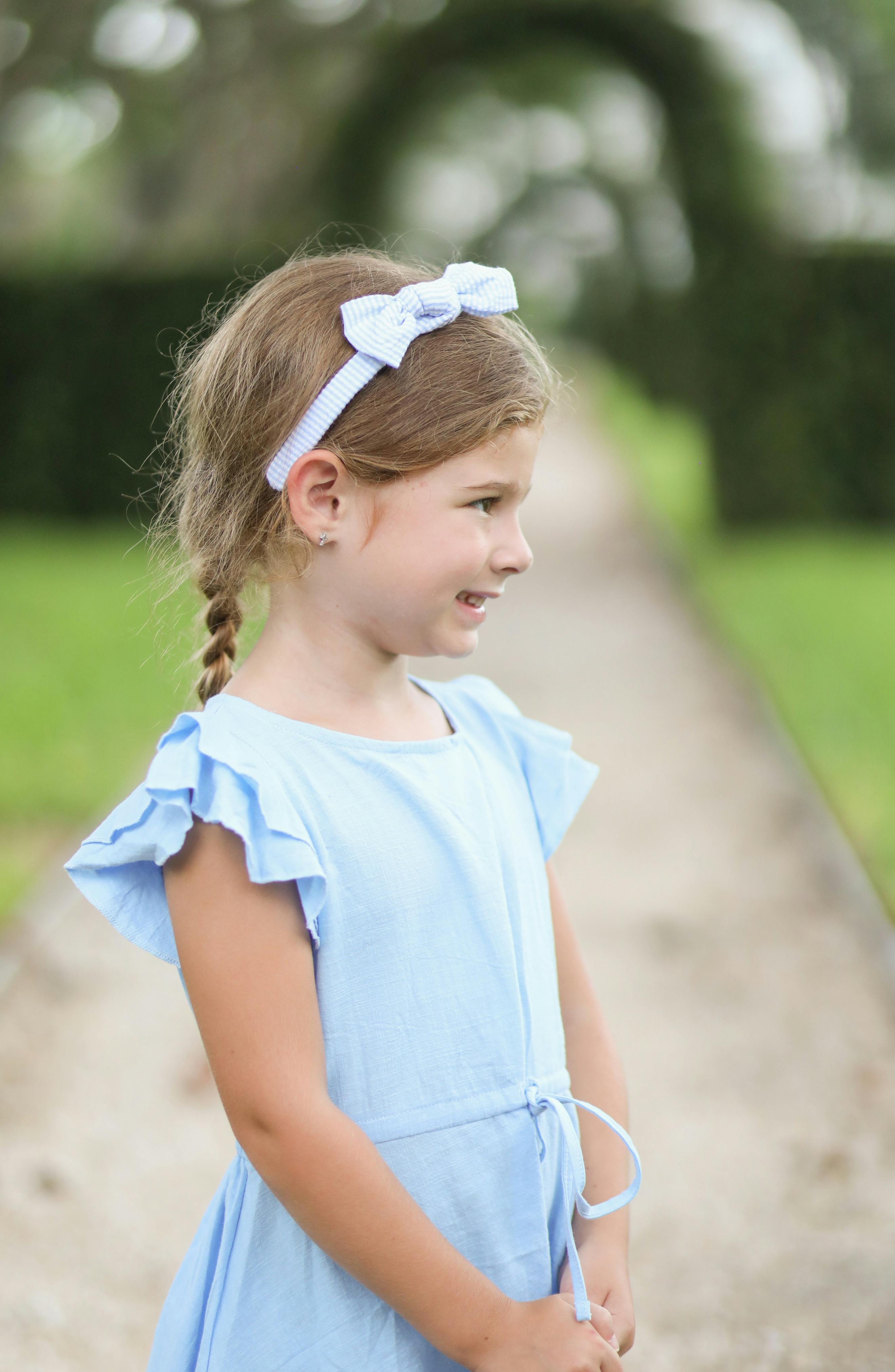 Seersucker Bow Headband in Blue/White