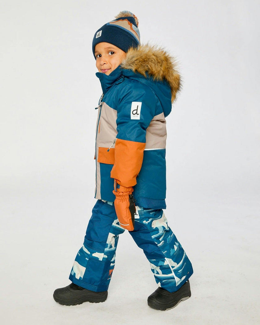 Two Piece Play Snowsuit Navy And Rust Colorblock With Blue Bear Print Pants