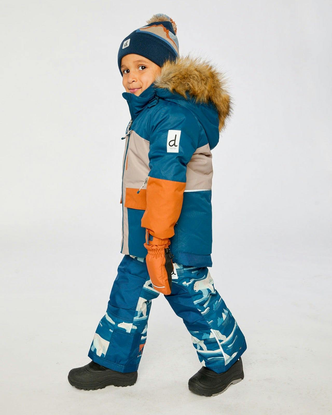 Two Piece Play Snowsuit Navy And Rust Colorblock With Blue Bear Print Pants