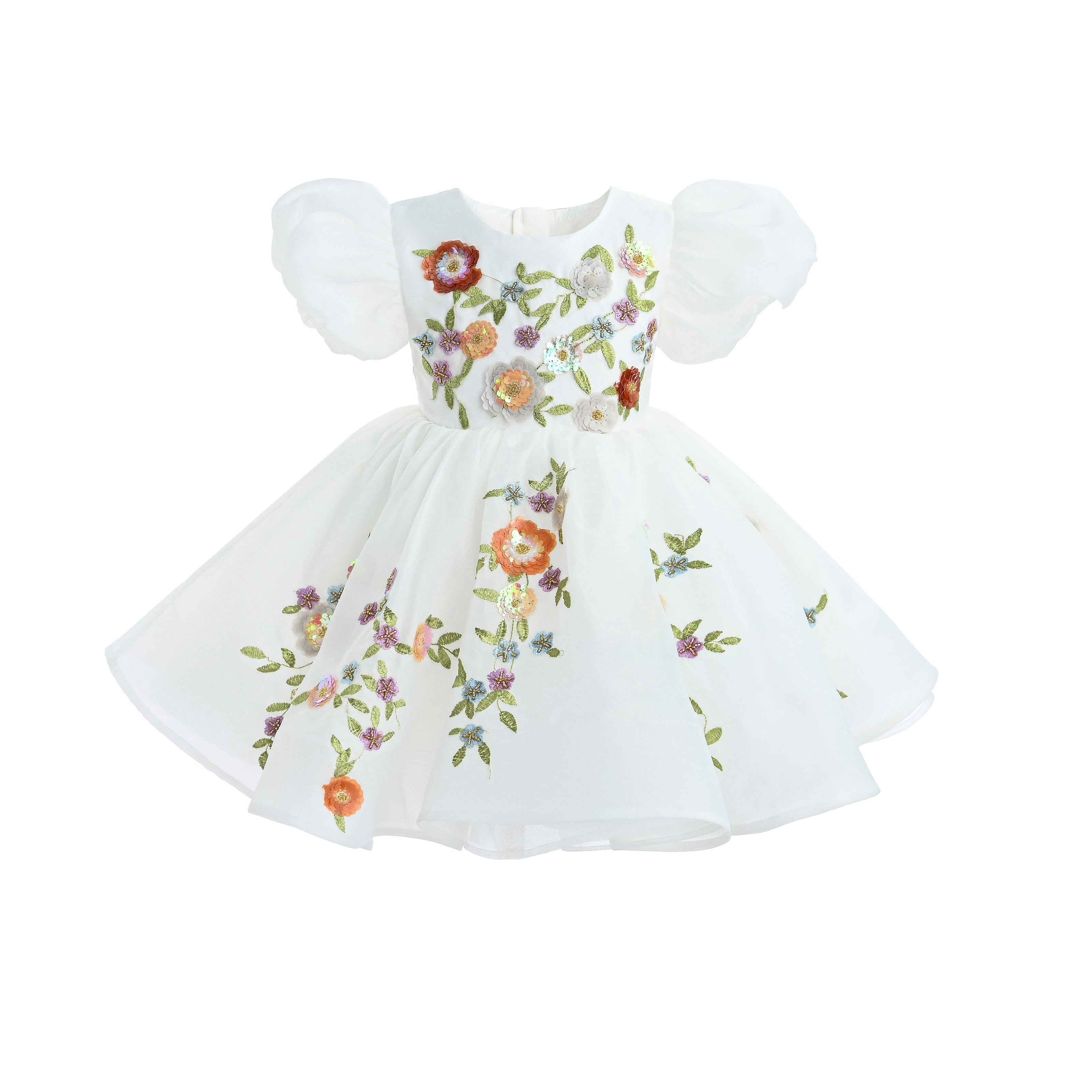 White Embroidered Puff Sleeve Dress