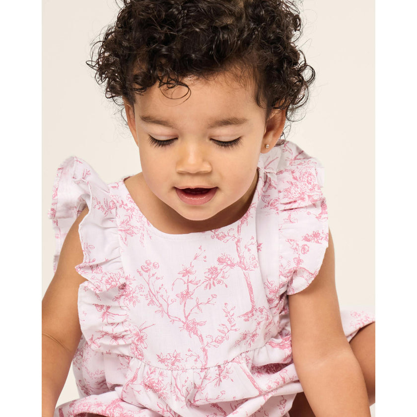 Baby's Twill Ruffled Romper in Pink Timeless Toile