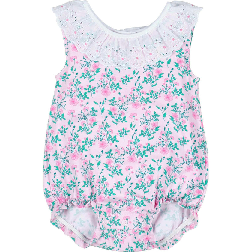 Floral Print Romper with Eyelet Collar