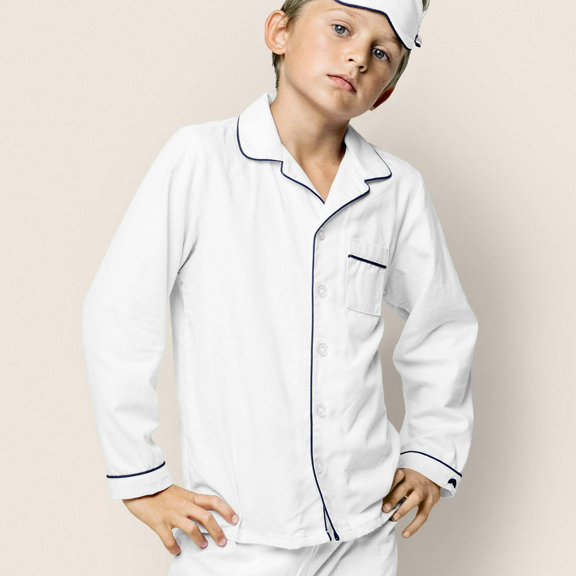 Kid's Twill Pajama Set in White with Navy Piping