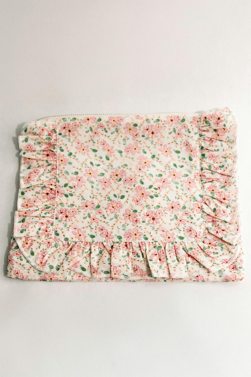 Peach Blossom Timeless Floral Ruffle Zipper Pouch