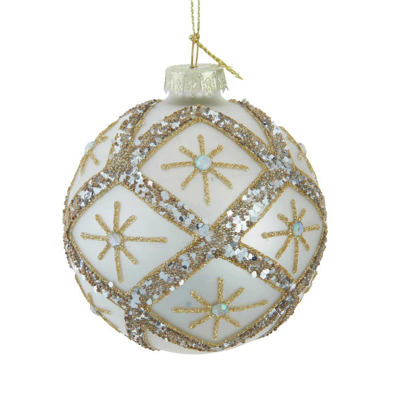 Kurt Adler 80MM Glass Silver Balls With Gold & Silver Criss-Cross Glitter Design Set, 6-Pieces