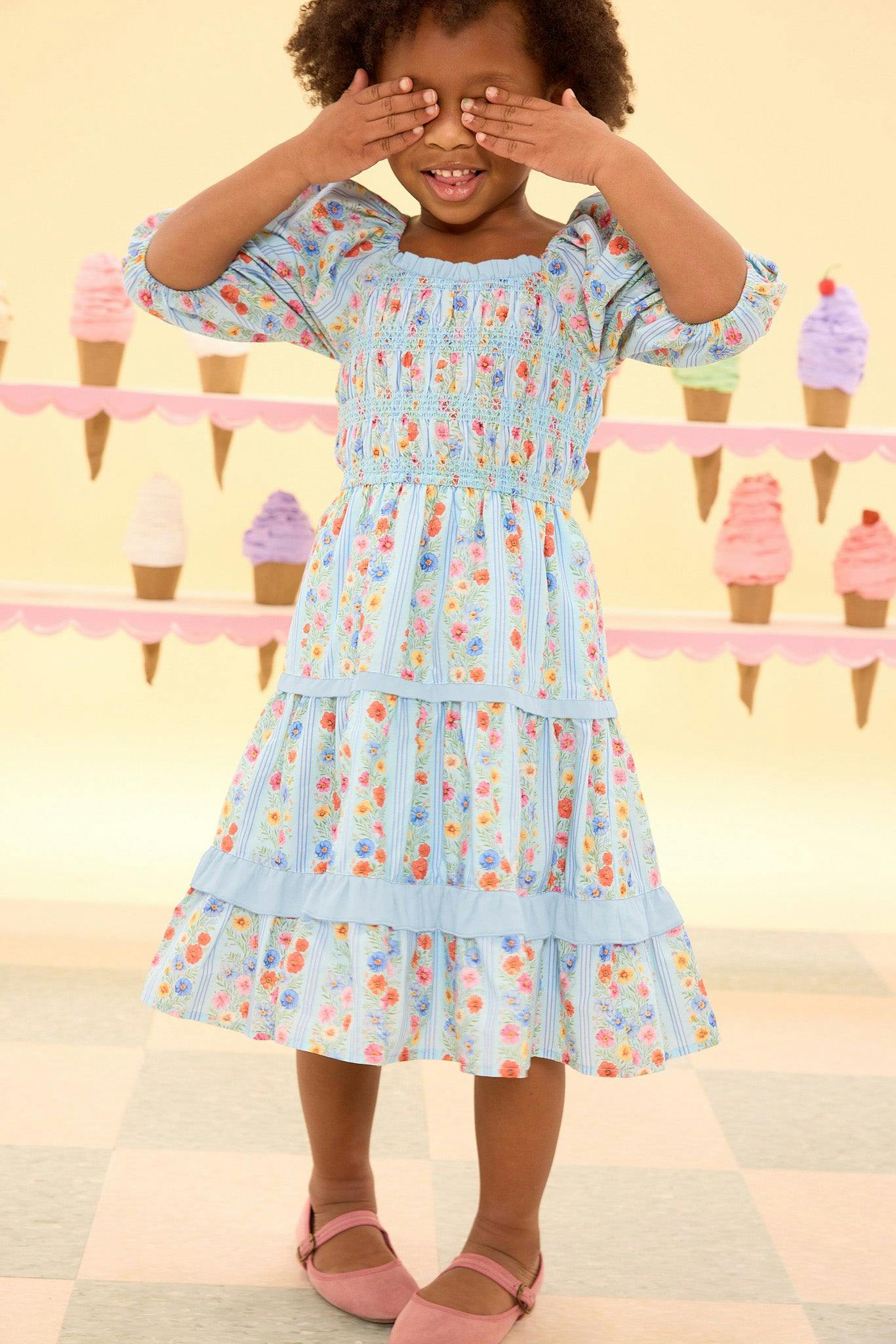 Mini Roselyn Dress in Blue Linear Floral Print