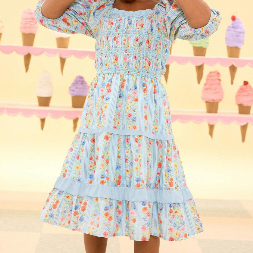 Mini Roselyn Dress in Blue Linear Floral Print