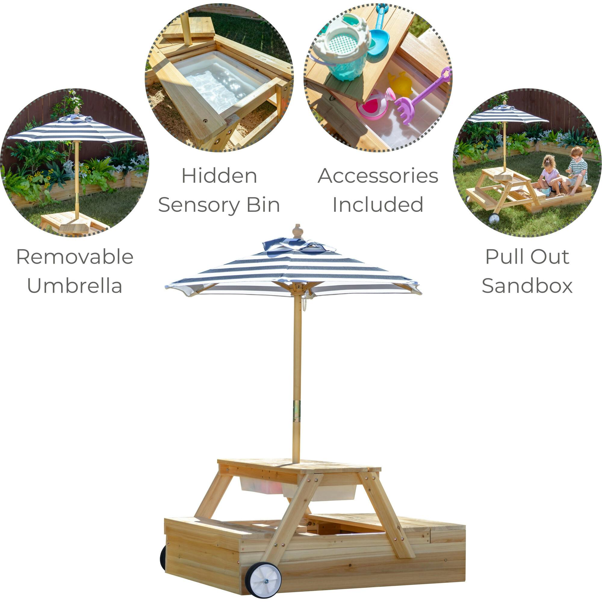 Teamson Kids Sorrento Wooden 2-in-1 Picnic Table with Sandbox & Umbrella