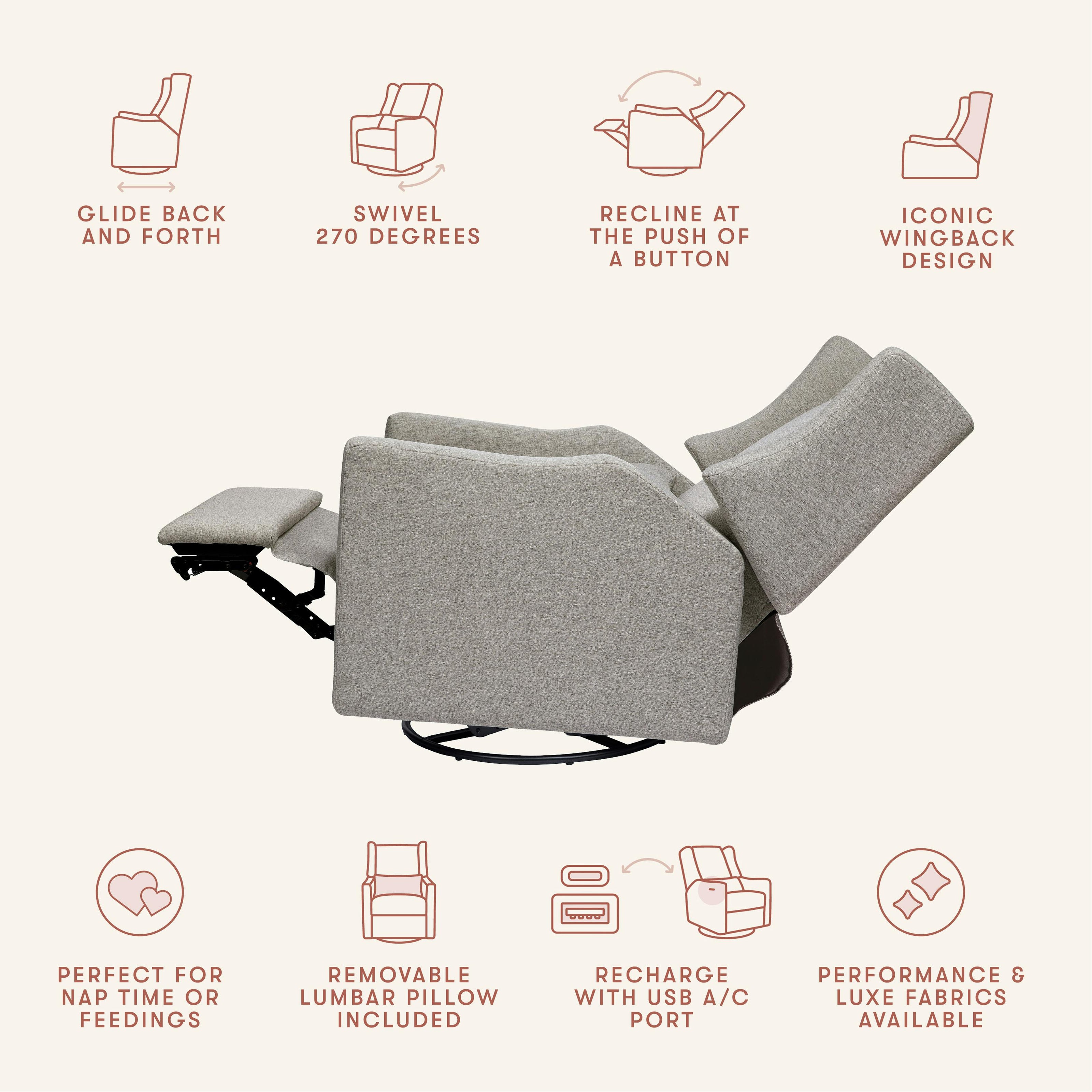 Kiwi Electronic Recliner and Swivel Glider with USB port in Performance Grey Eco-Weave