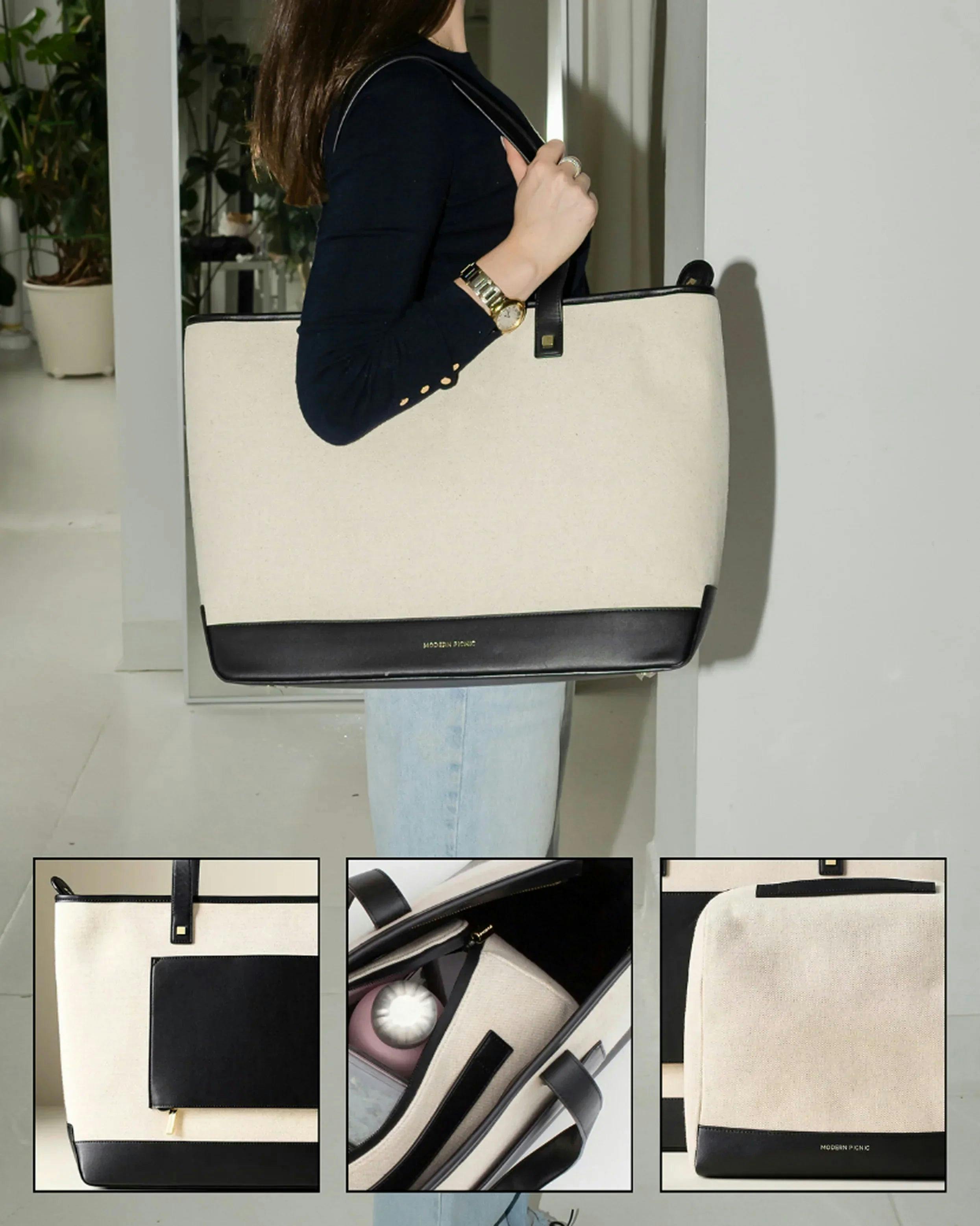 Vegan Leather Work Tote Bag with Removable Insulated Pouch, Black Canvas