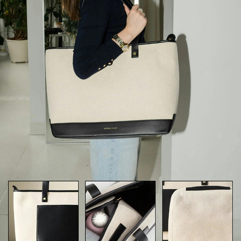 Vegan Leather Work Tote Bag with Removable Insulated Pouch, Black Canvas