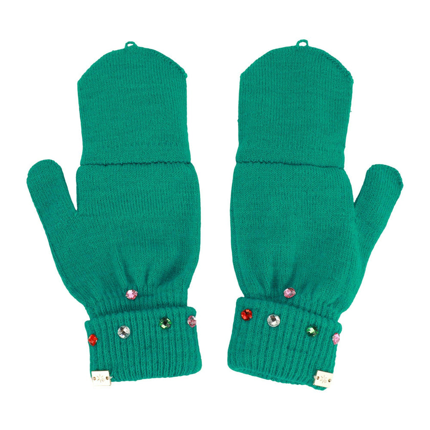 Packed Party Decked in Emerald Rhinestone Beanie and Mittens Set - Double-Layer Rib Knit with Multicolor Rhinestones and Fingerless Gloves, One Size Fits All