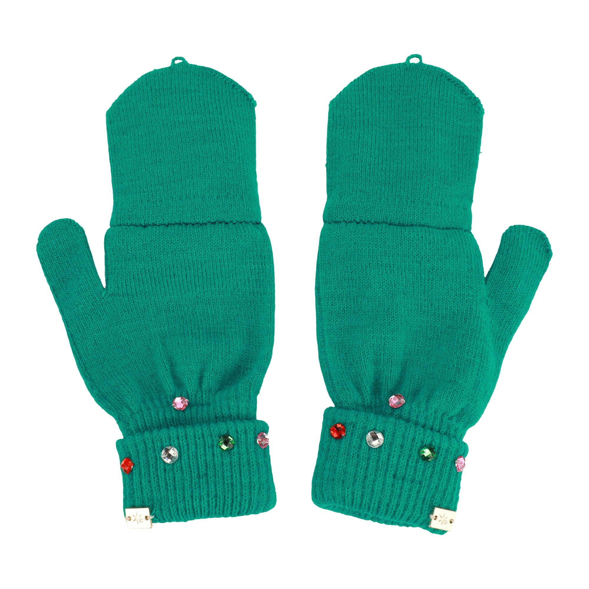 Packed Party Decked in Emerald Rhinestone Beanie and Mittens Set - Double-Layer Rib Knit with Multicolor Rhinestones and Fingerless Gloves, One Size Fits All