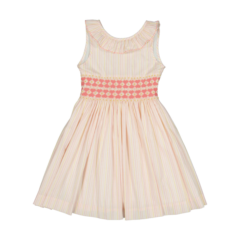 Capucine Pink Yellow Stripe Sleeveless Smocked Dress
