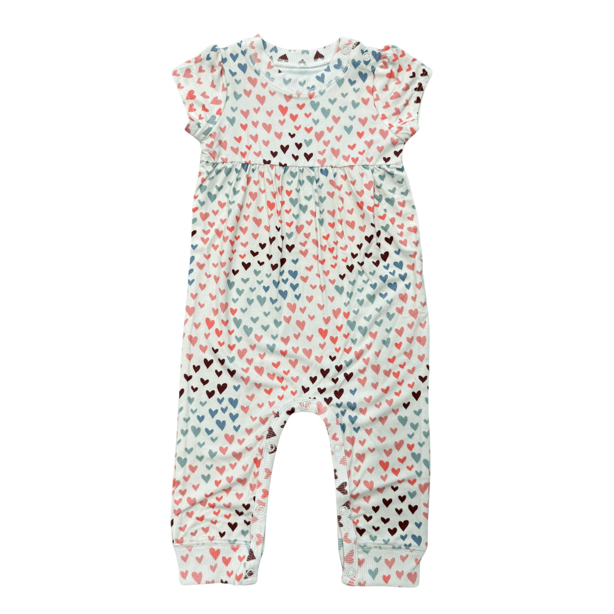 Baby Girl Short Sleeve Pant Romper in Rainbow Hearts