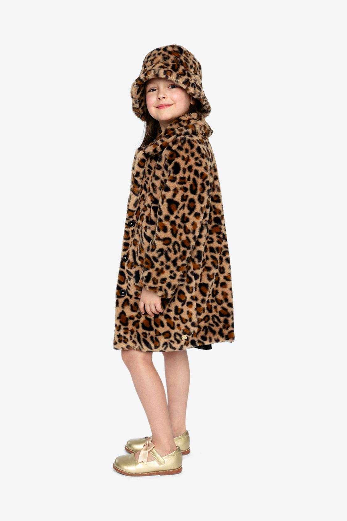 Faux Fur Long Coat Brown Leopard Print