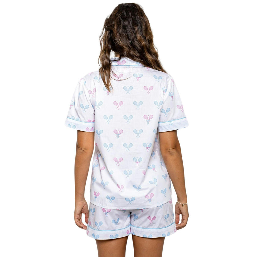Women's Tennis Bows Short PJ Set - Blue Pink Organic Cotton Poplin