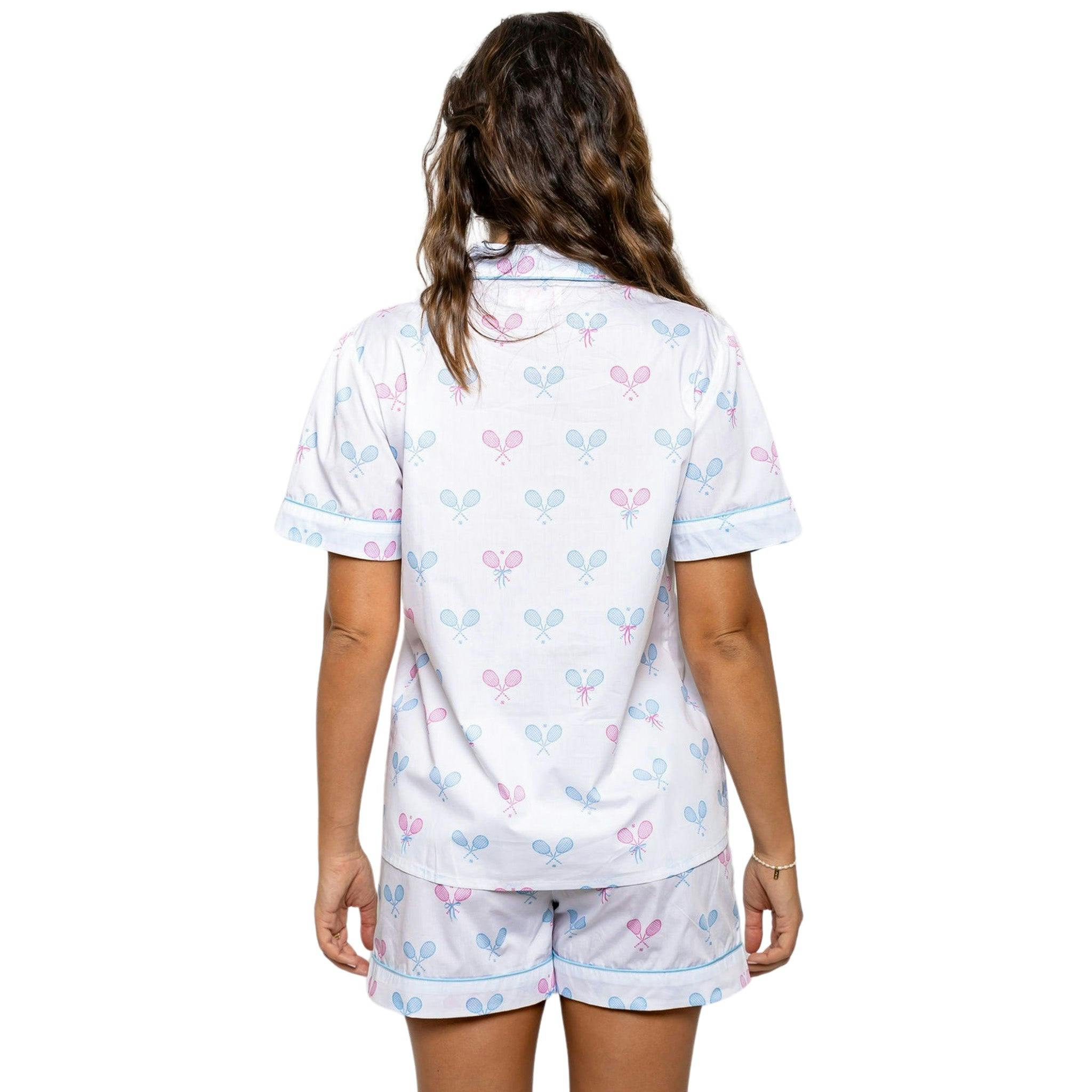 Women's Tennis Bows Short PJ Set - Blue Pink Organic Cotton Poplin