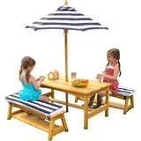Outdoor Table and Bench Set with Cushions and Umbrella