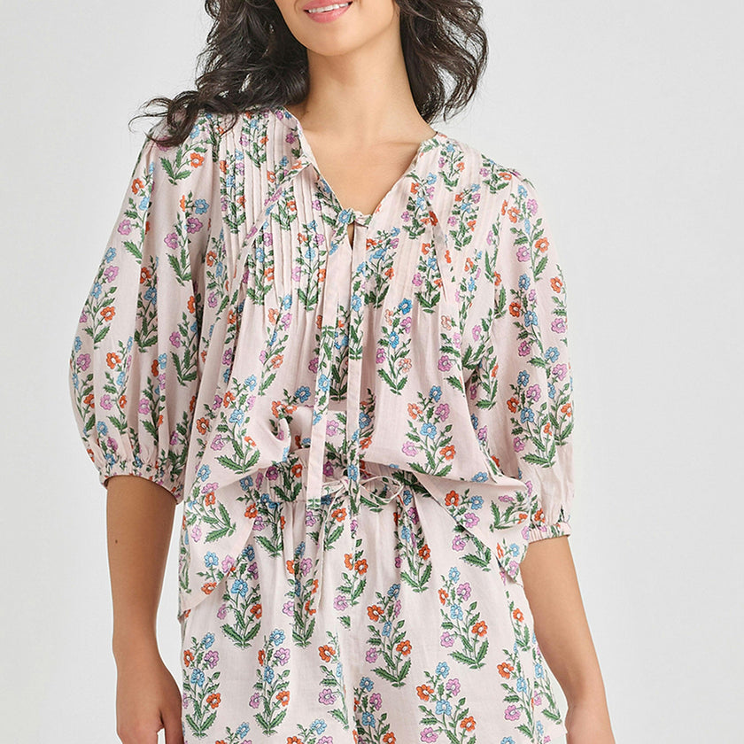 Womens Indira Top - Pink Dewdrop Block Print