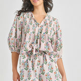 Womens Indira Top - Pink Dewdrop Block Print