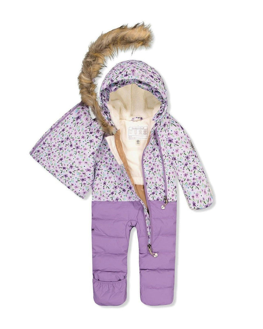Baby Snug One Piece Snowsuit Adapted For Car Seats Purple Printed Mini Flowers