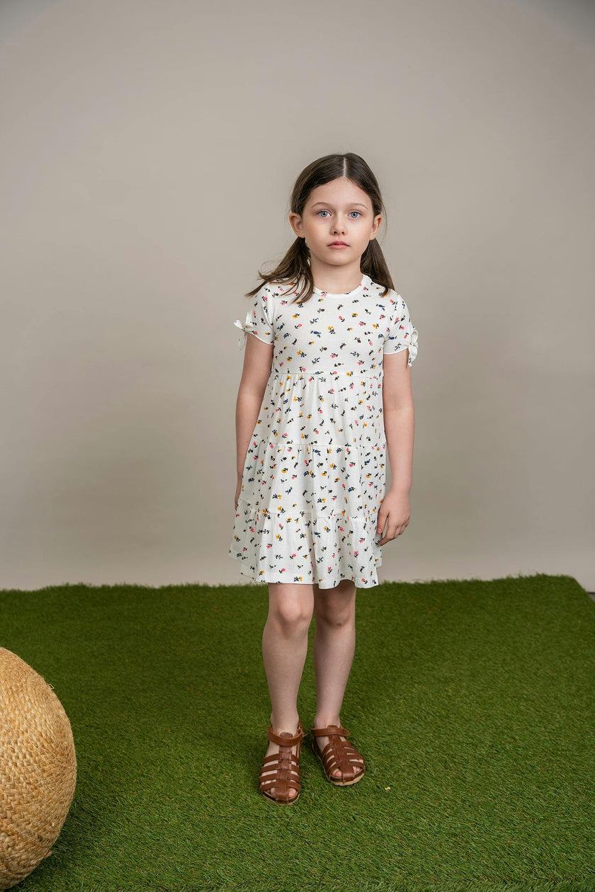 Multi Flower Print Ribbed Short Sleeve Dress