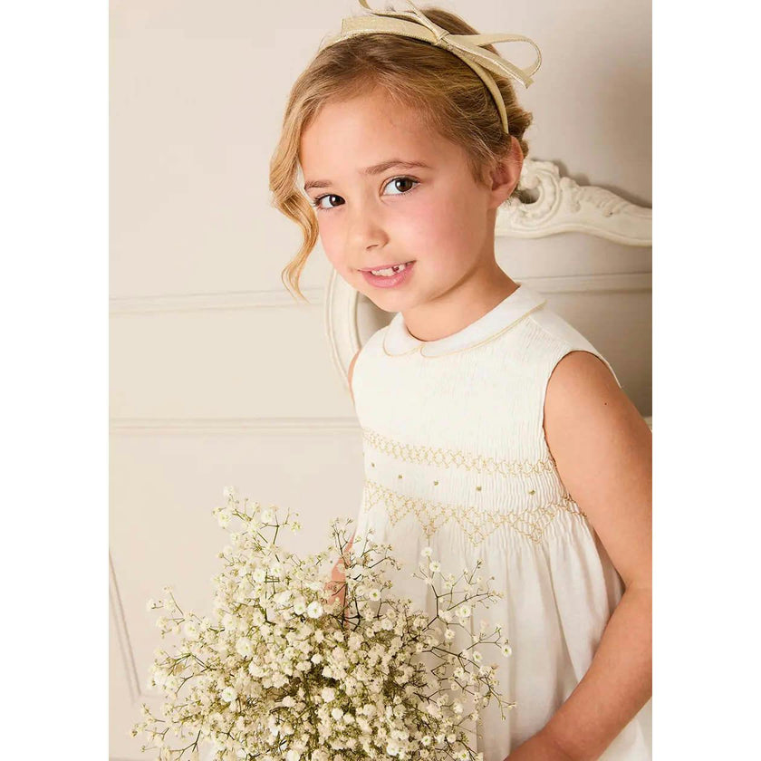 Hand Smocked Gold Embroidered Sleeveless Dress in Ivory (12mths- 10yrs)