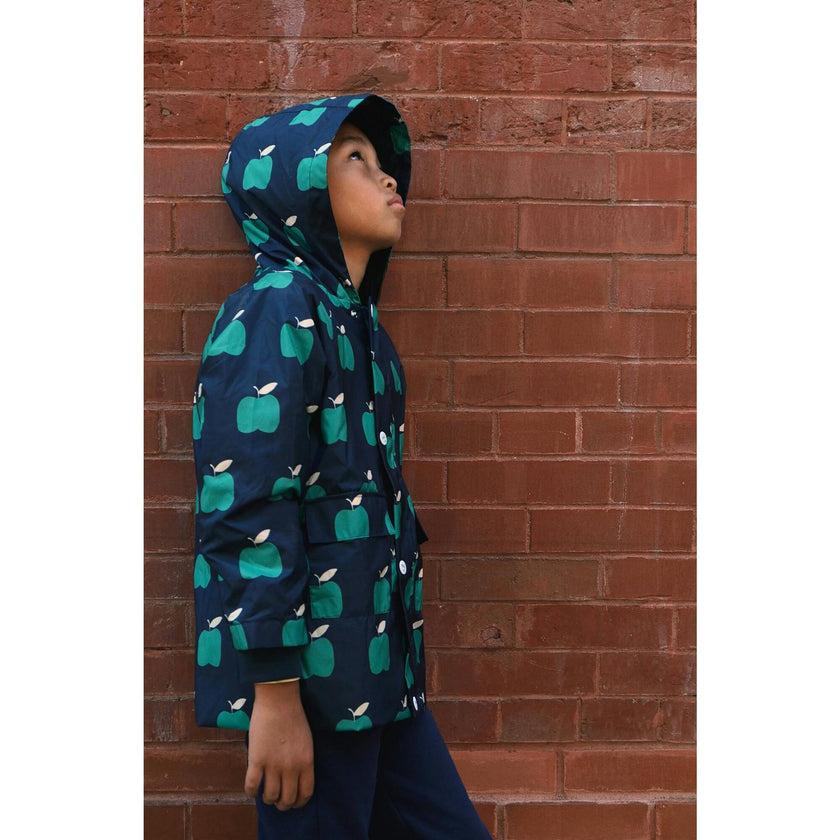Baby Apple Print Ribbed Cuff Hooded Zipper Raincoat