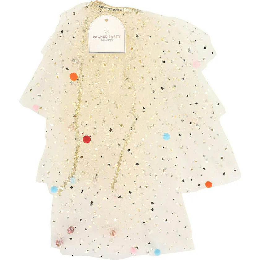 Tulle Celebrations Cape with Multicolor Pom Poms and Gold Glitter Stars