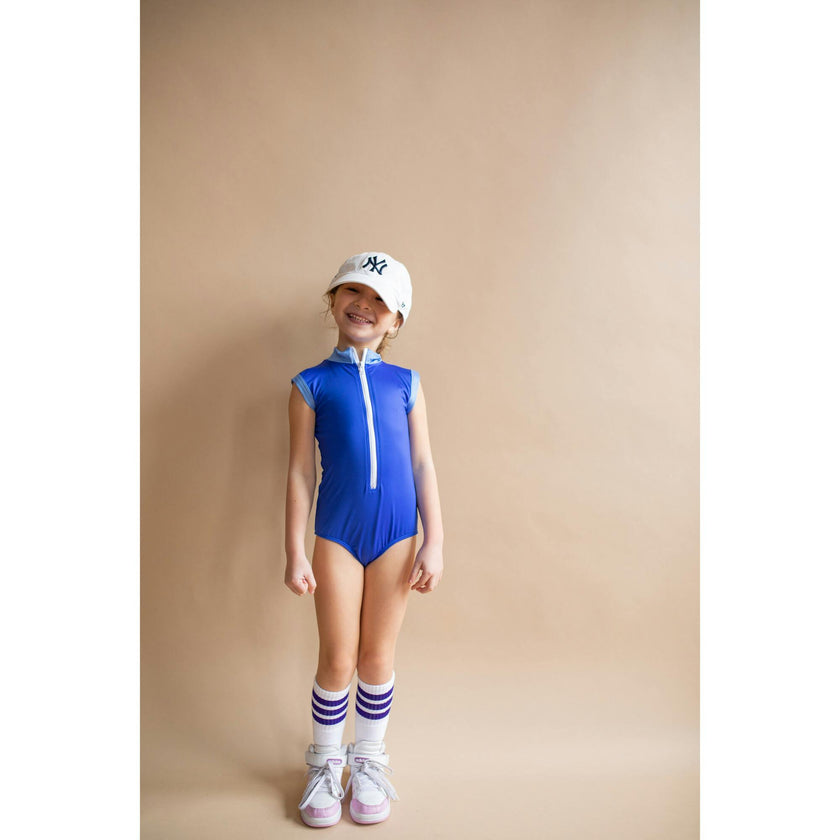 The Noho High Collar Front Half Zip One-Piece, Blue Deep
