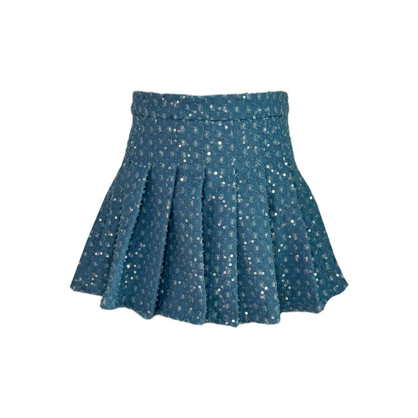 Denim Sparkle Pleated Short Skirt